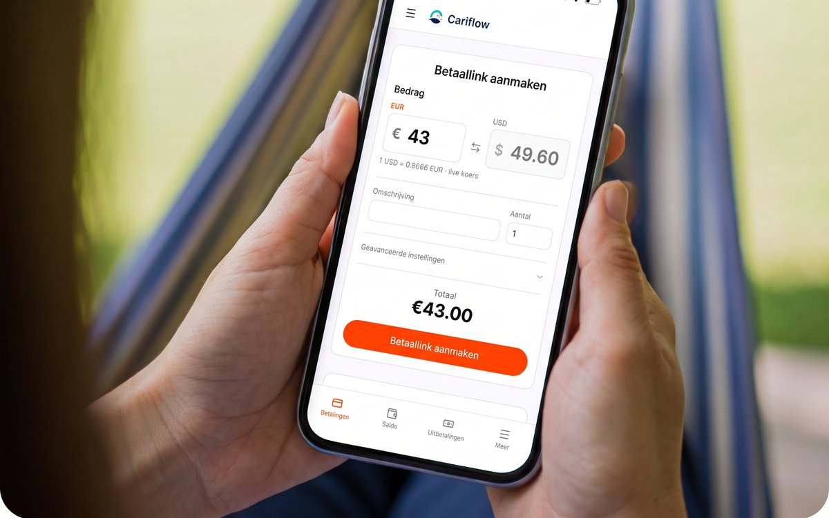 Cariflow-app waarin een betaallink wordt aangemaakt in EUR en USD