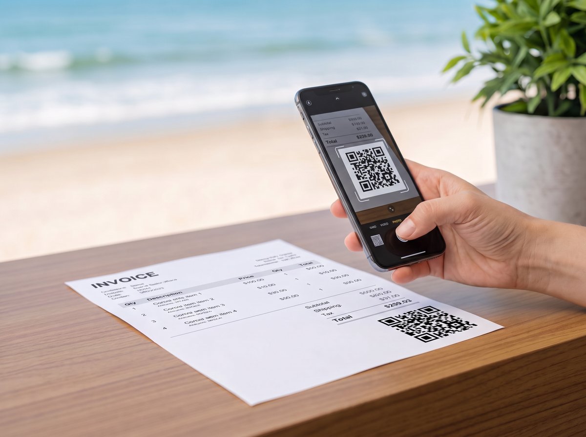 Klant scant met een telefoon de QR-code op een papieren factuur